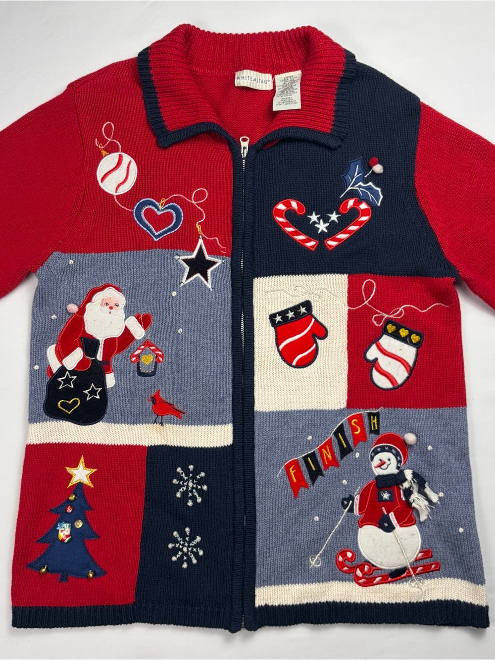 Vintage White Stag Embellished Christmas Zip Cardigan L